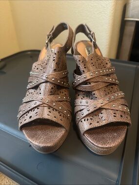 Not Rated Brown Perforated Studded Wedge Sandals